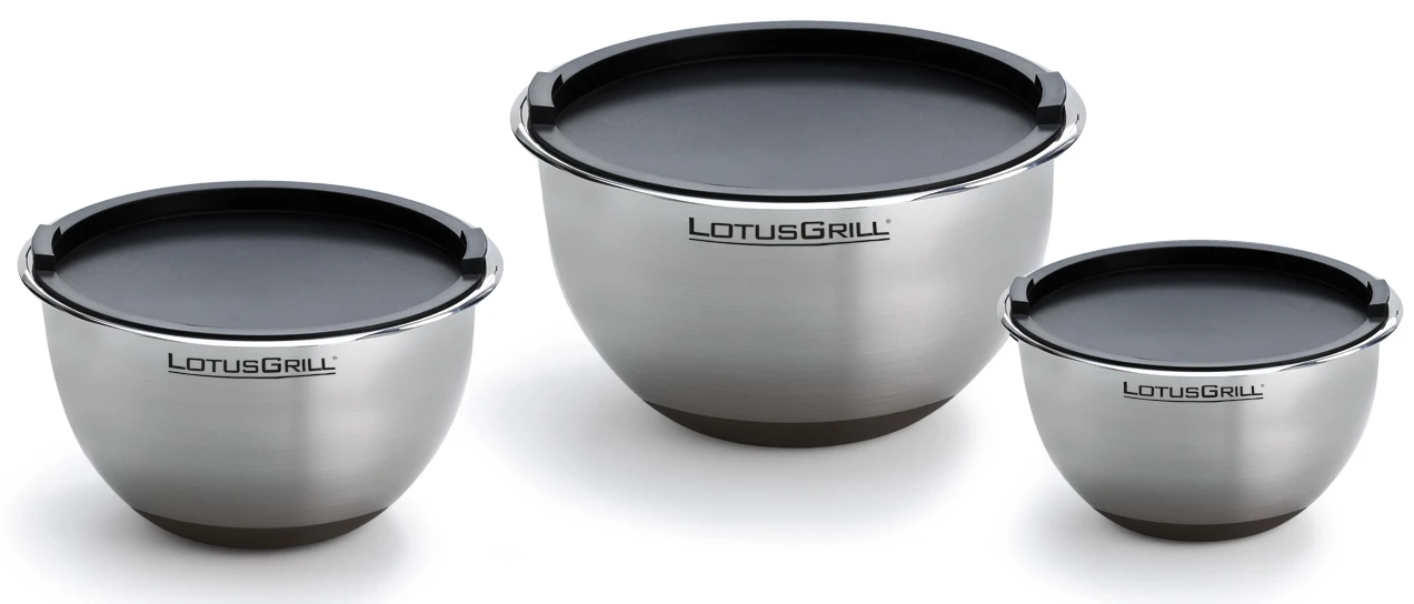 LotusGrill Edelstahlschüssel 3er Set Mit Deckel 3 LotusGrill Edelstahlschüssel 3er Set Mit Deckel