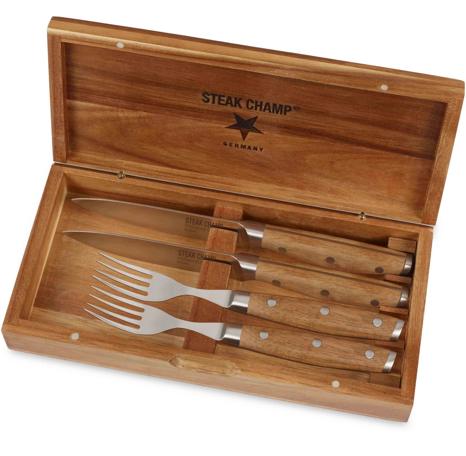 Steak Champ Gourmet Steakbesteck Set: 2 Steakmesser Und 2 Gabeln 3 Steak Champ Gourmet Steakbesteck Set: 2 Steakmesser Und 2 Gabeln